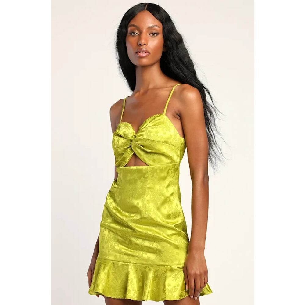 NEW LULU’S SIZE S Lime Green Satin JACQUARD Cutout Mini‎ Dress RUFFLE HEM